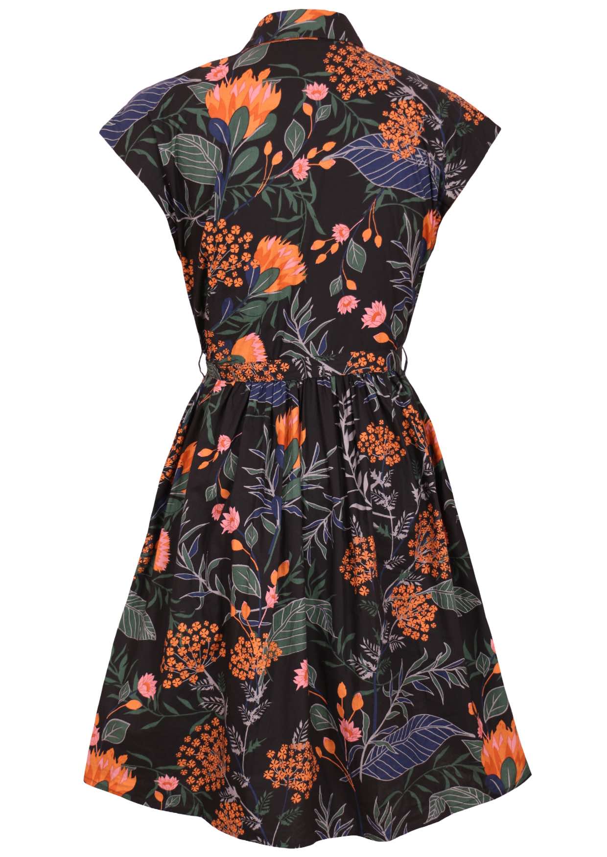 Back view of 100% cotton black knee length dress with cap sleeves, collar and gathers at back of the waist