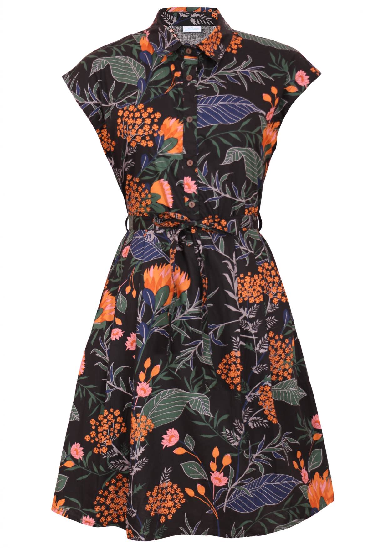 Knee length black shirt style collared dress with buttoned bodice, cap sleeves and a fabric waist tie 