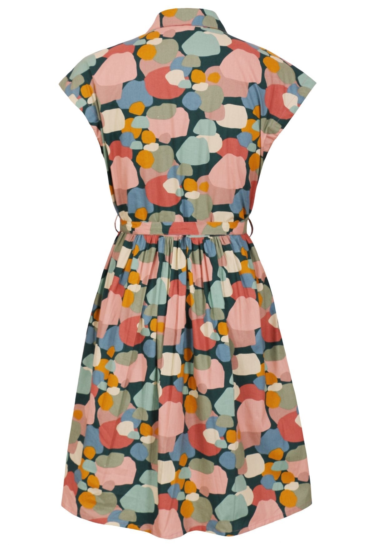 Back view of collared, cotton knee length dress with cap sleeves and gathers at the waist.