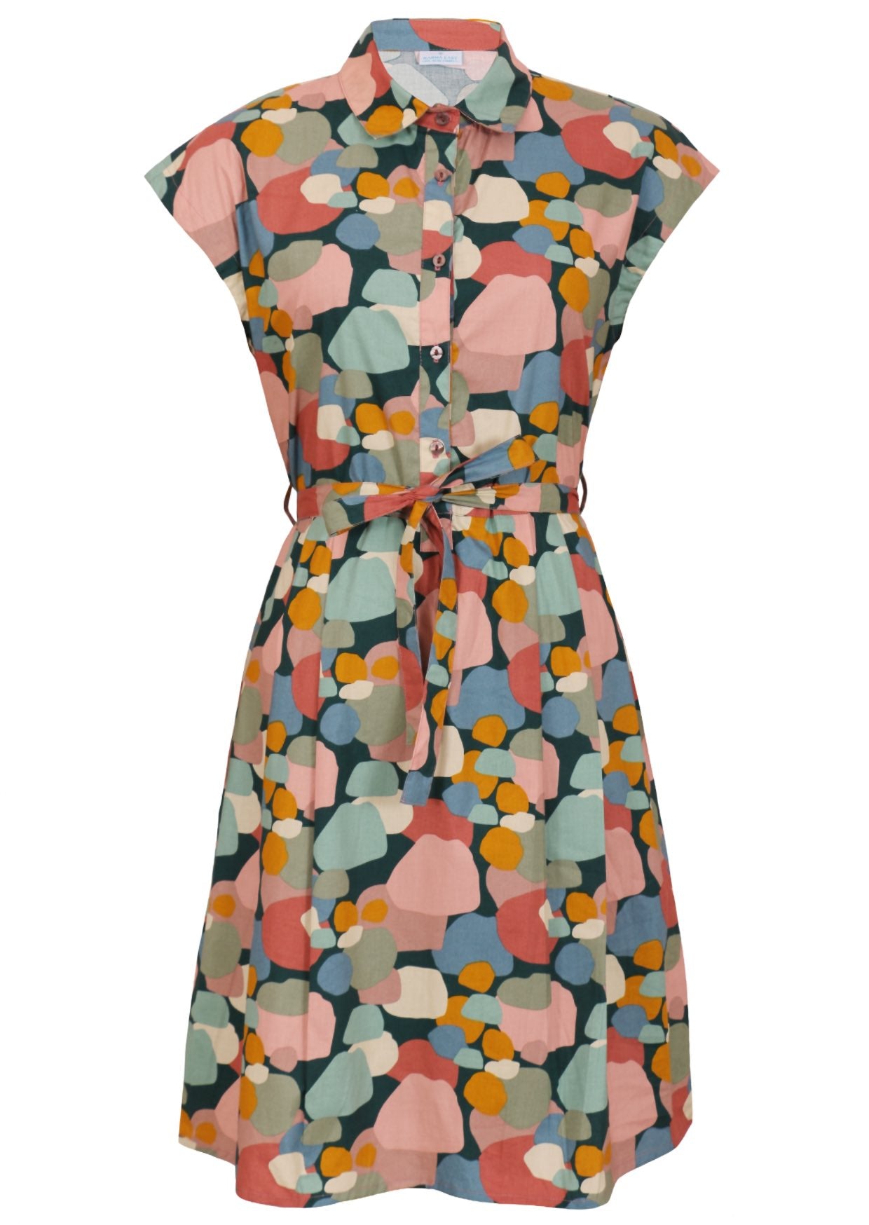 Shirt style fit and flare dress with buttoned bodice, cap sleeves and removable waist tie.