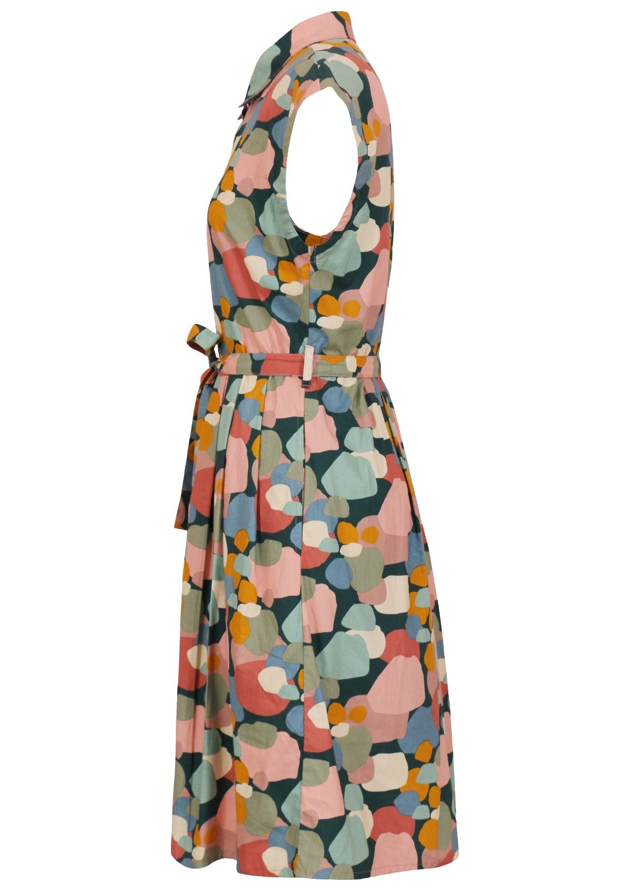 Side image of colorful pastel spotty dress with cap sleeves, hidden side pockets and detachable waist tie.