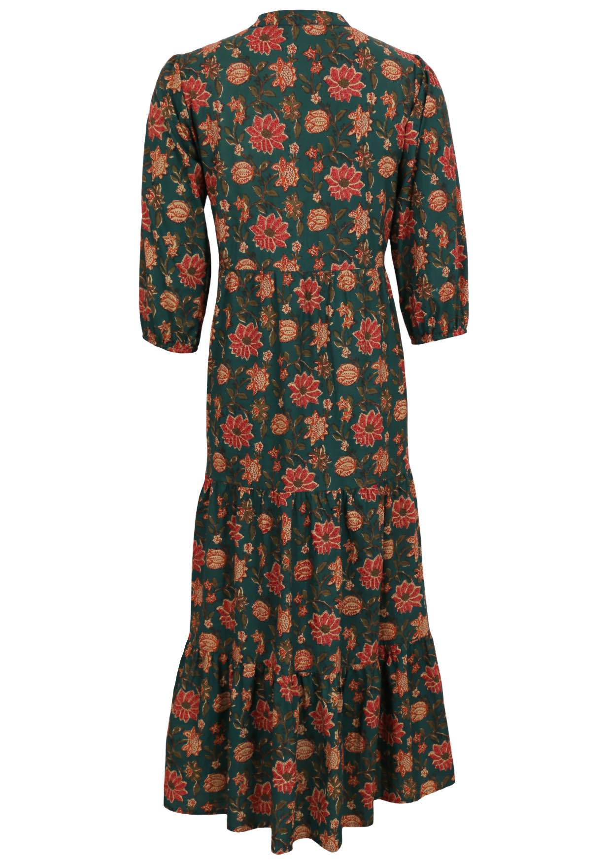 Back image of 100% cotton maxi dress featuring 3/4 sleeves and dark green base with orange floral print on it.