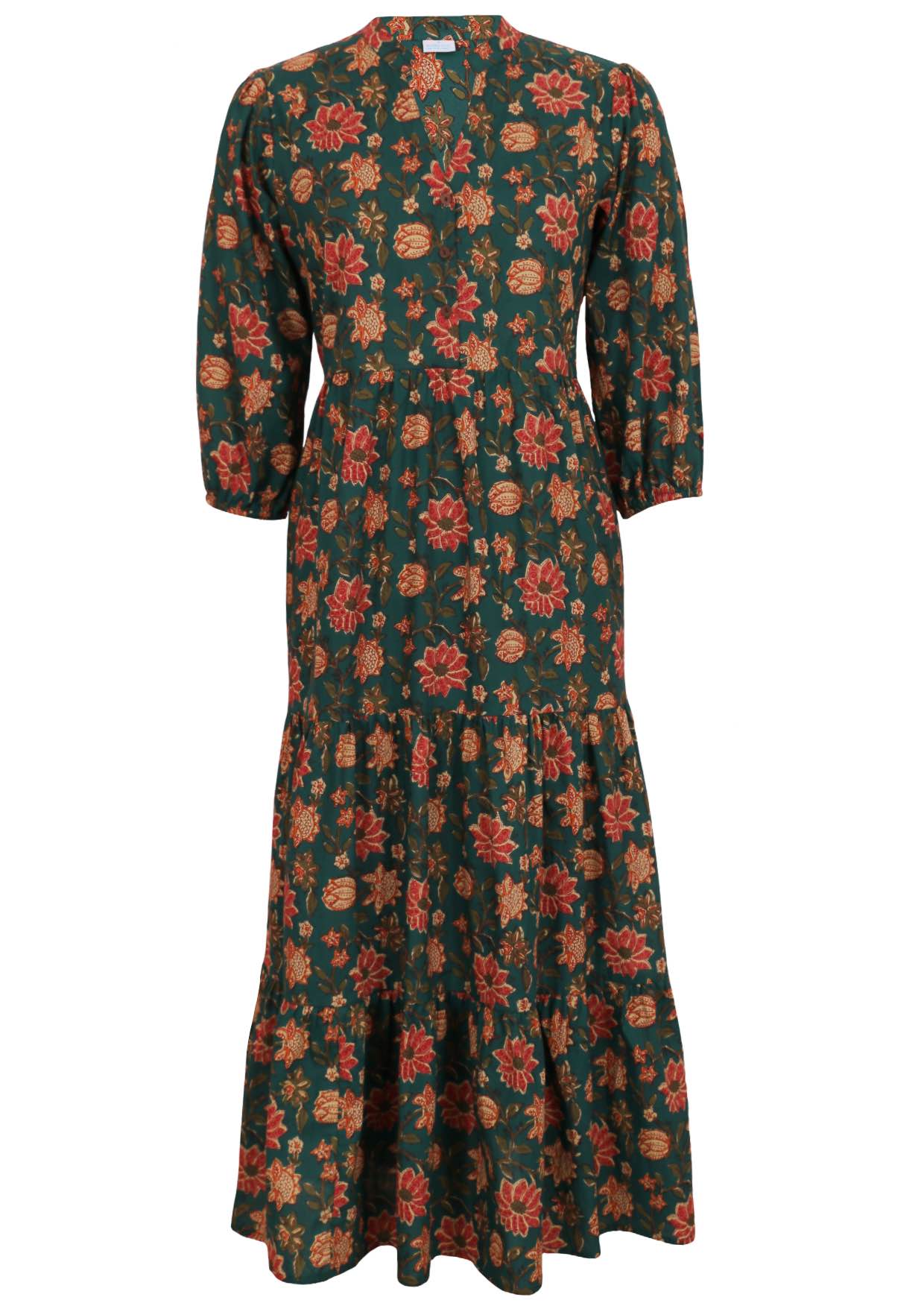 Front of 100% cotton three tiered maxi dress with 3/4 sleeves and pockets 