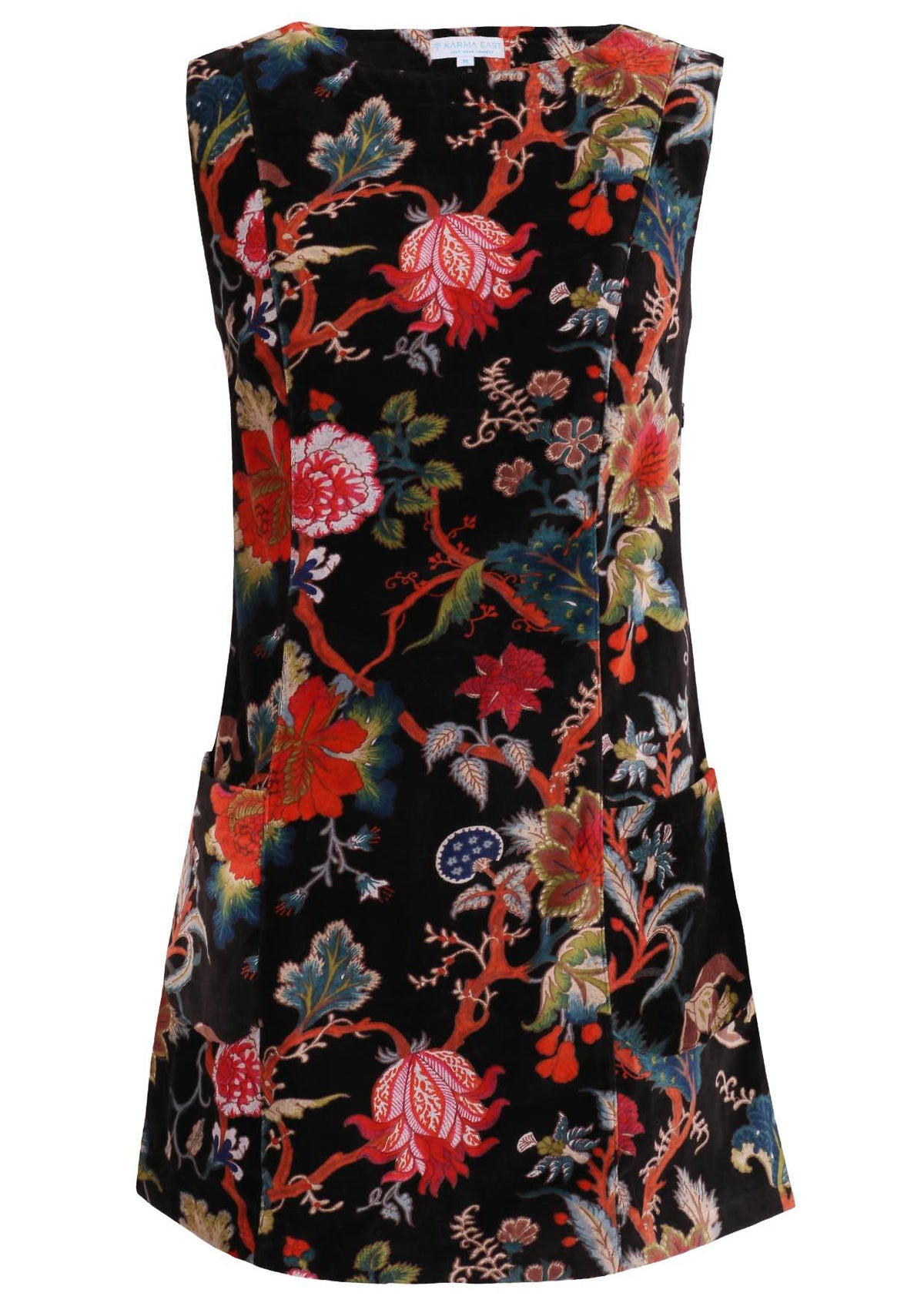 Black based multi-coloured floral print cotton velvet sleeveless tunic with pockets