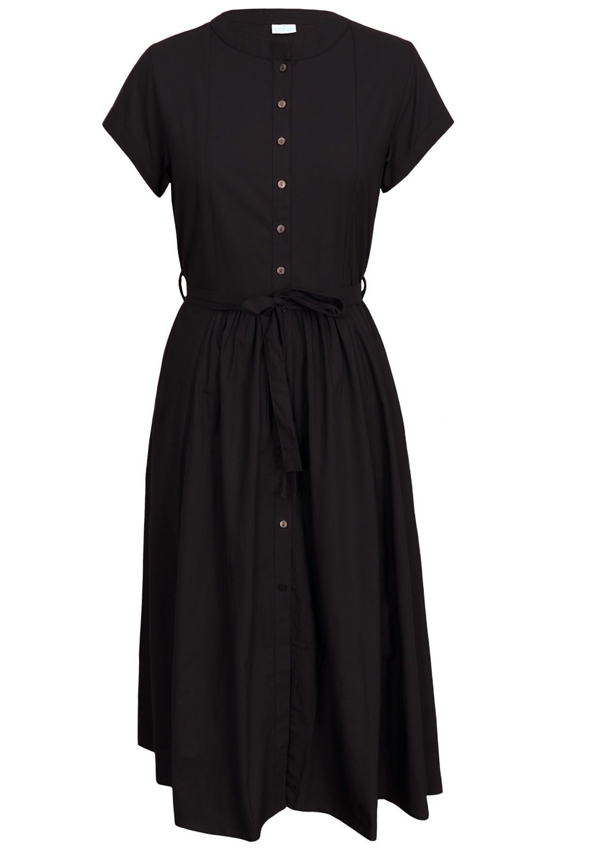 Button through 50's style black dress with cap sleeves and waist tie