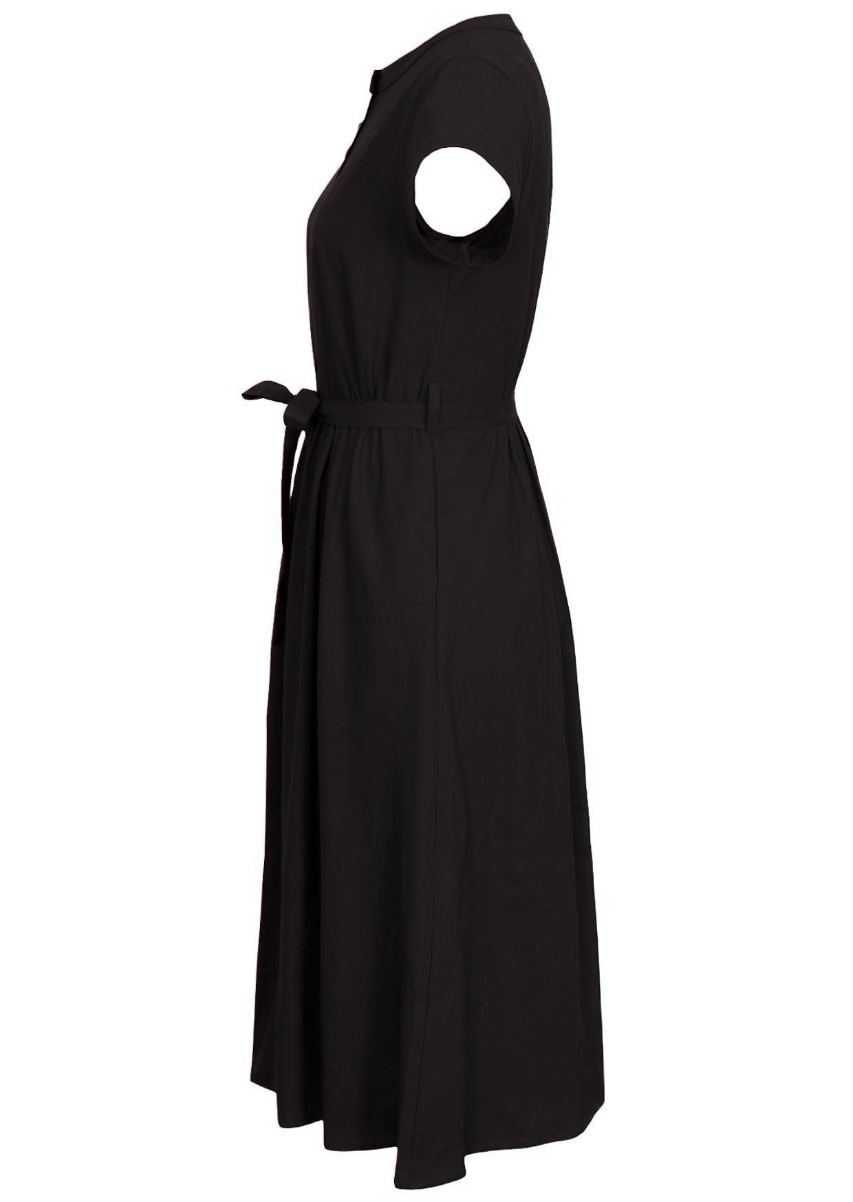 Button through 50's style black dress with waist tie and hidden side pockets