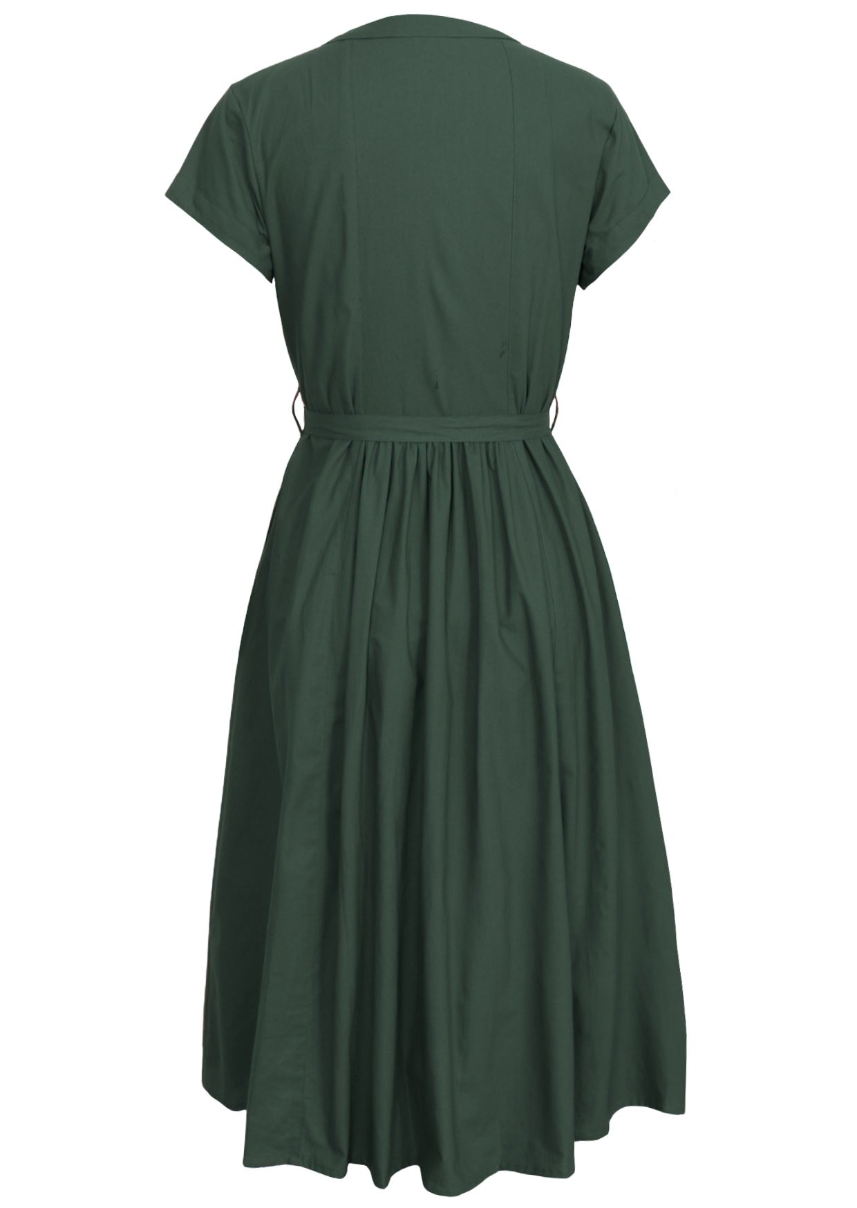 Back view of 100% cotton midi length button through dress with high round neckline and fabric waist tie