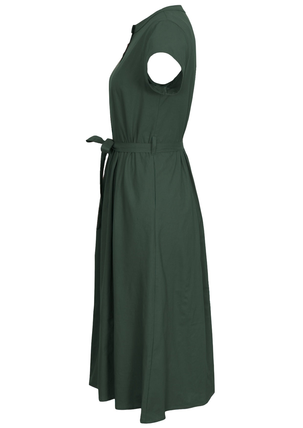 50's style midi length cotton dress in jungle green with cap sleeves, waist tie and hidden side pockets
