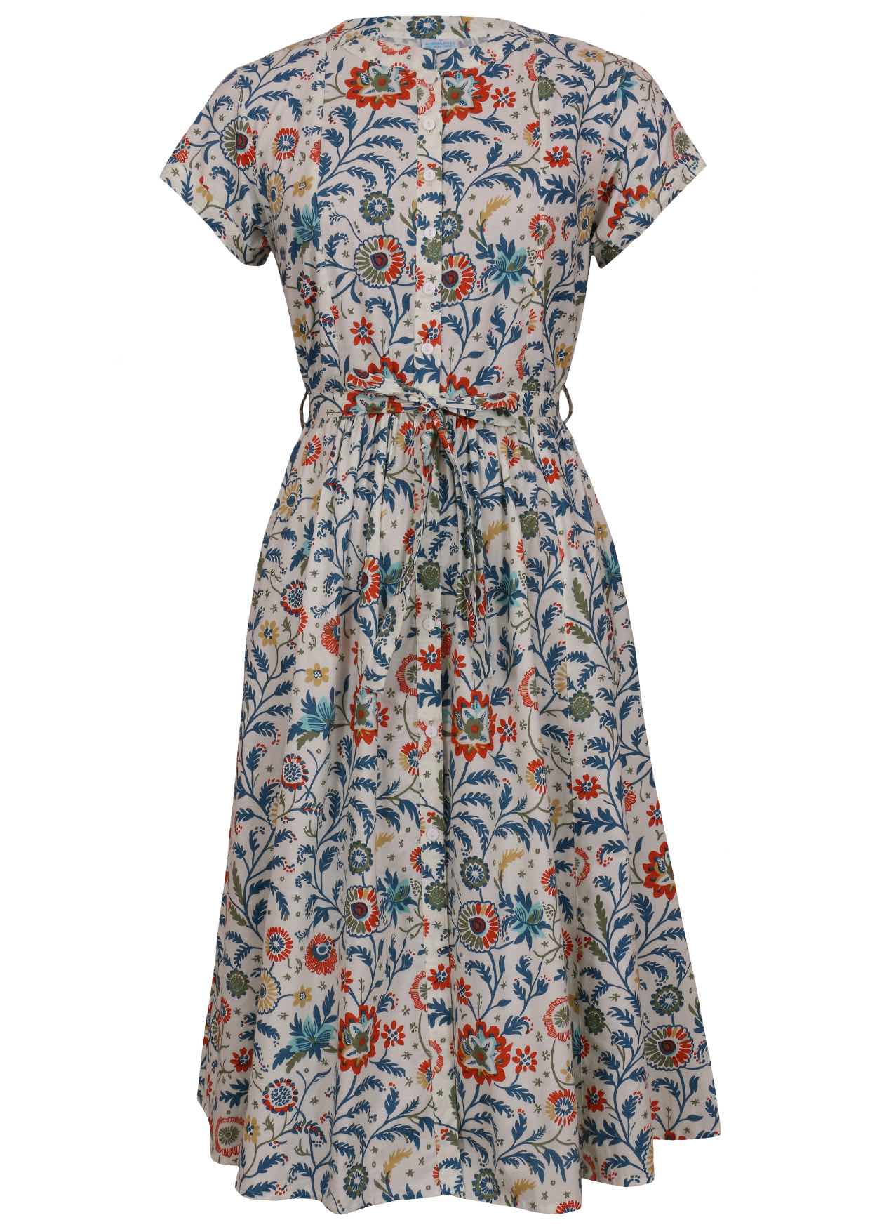50's style cotton button through midi length dress with a waist tie