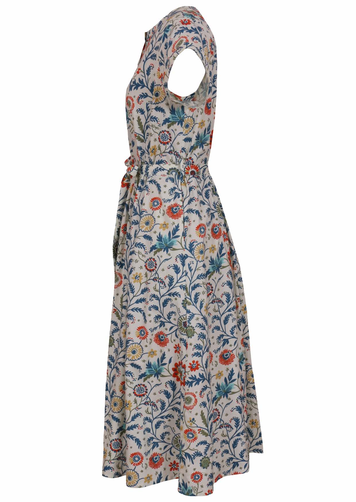 Side view of 50's style cotton button through midi length dress with a waist tie and hidden side pockets