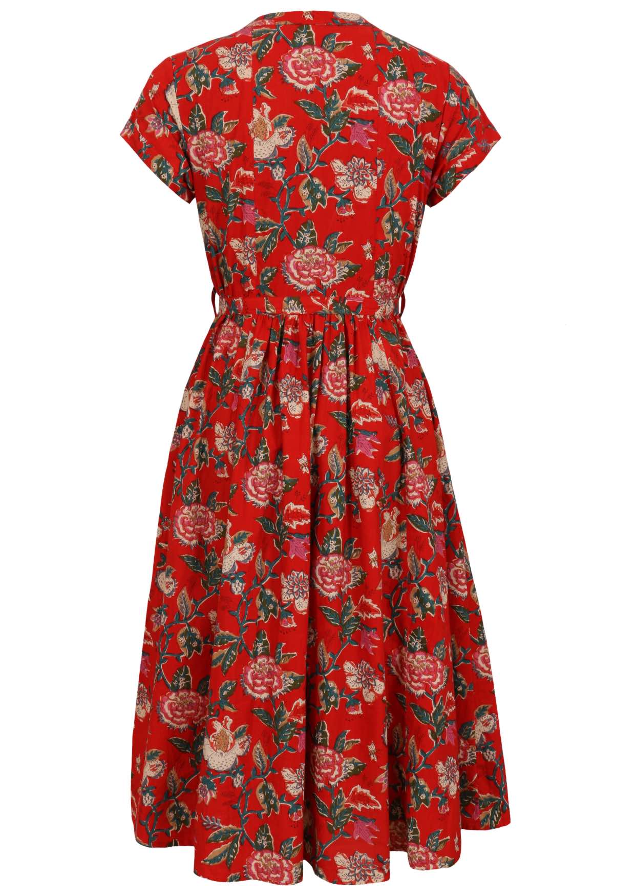 Back view of 50's style cotton midi length dress with a waist tie and cap sleeves