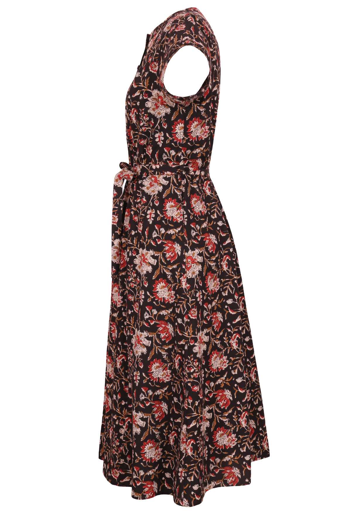 Black based traditional Indian floral print cotton dress with pockets.
