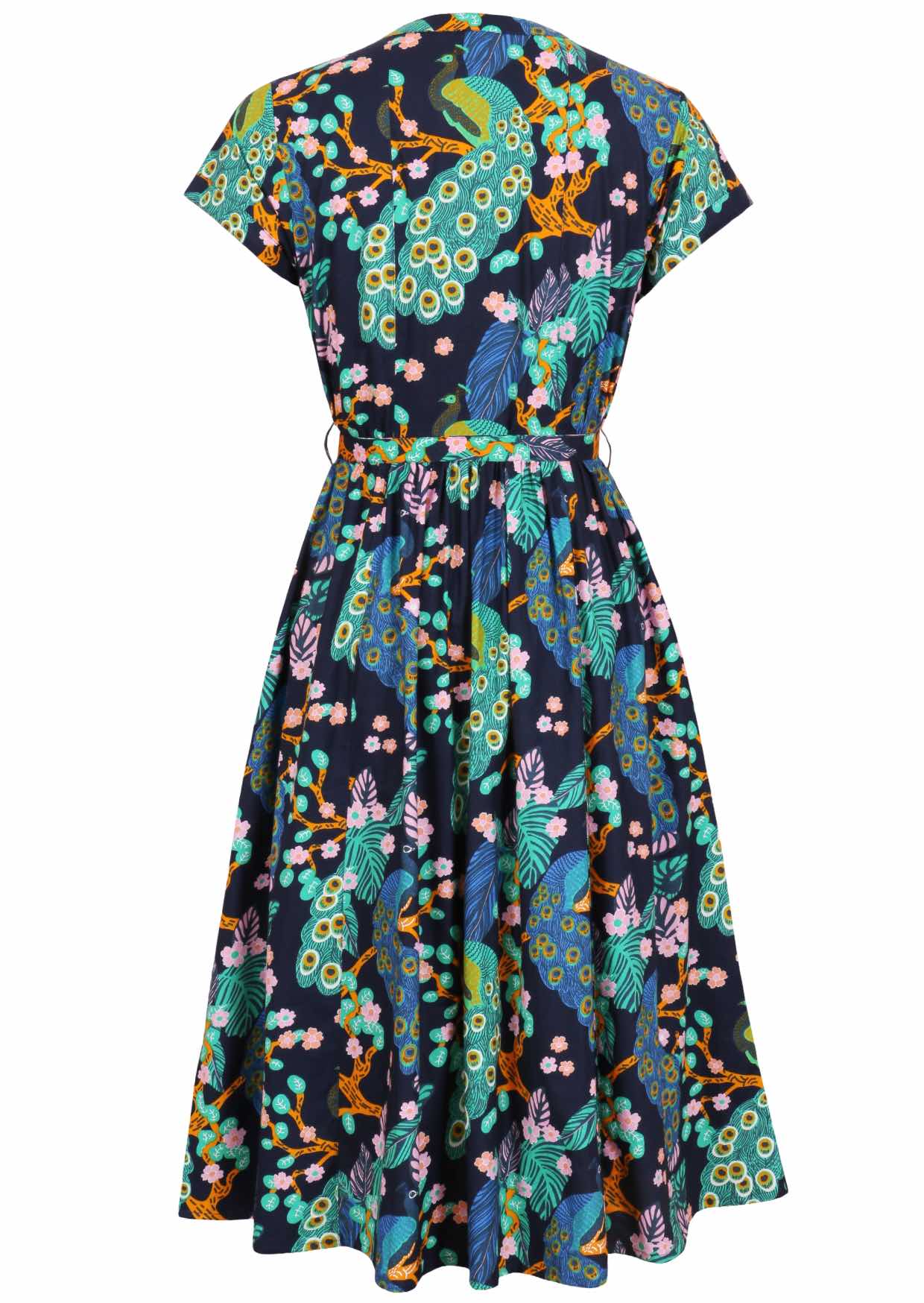 Back view of 50's style cotton midi length dress with a waist tie and cap sleeves