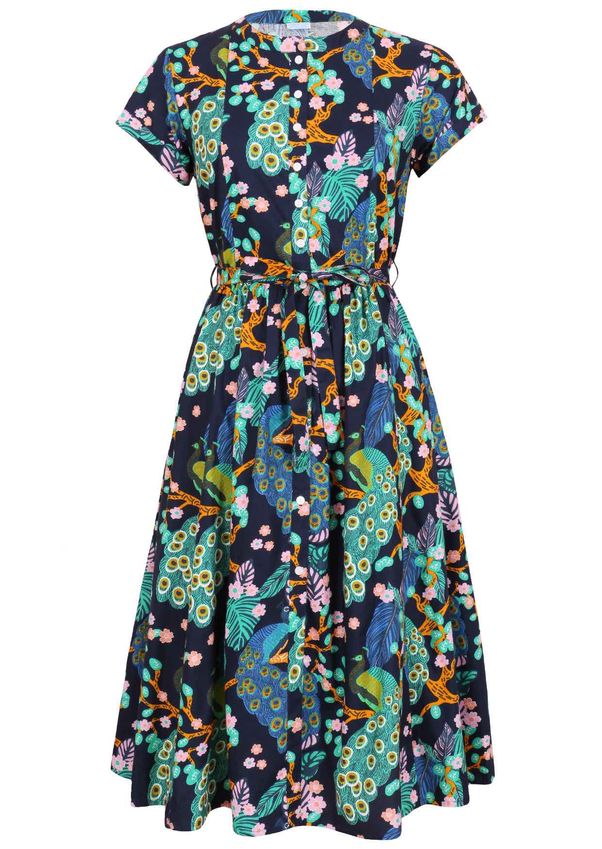 50's style cotton button through midi length dress with a waist tie