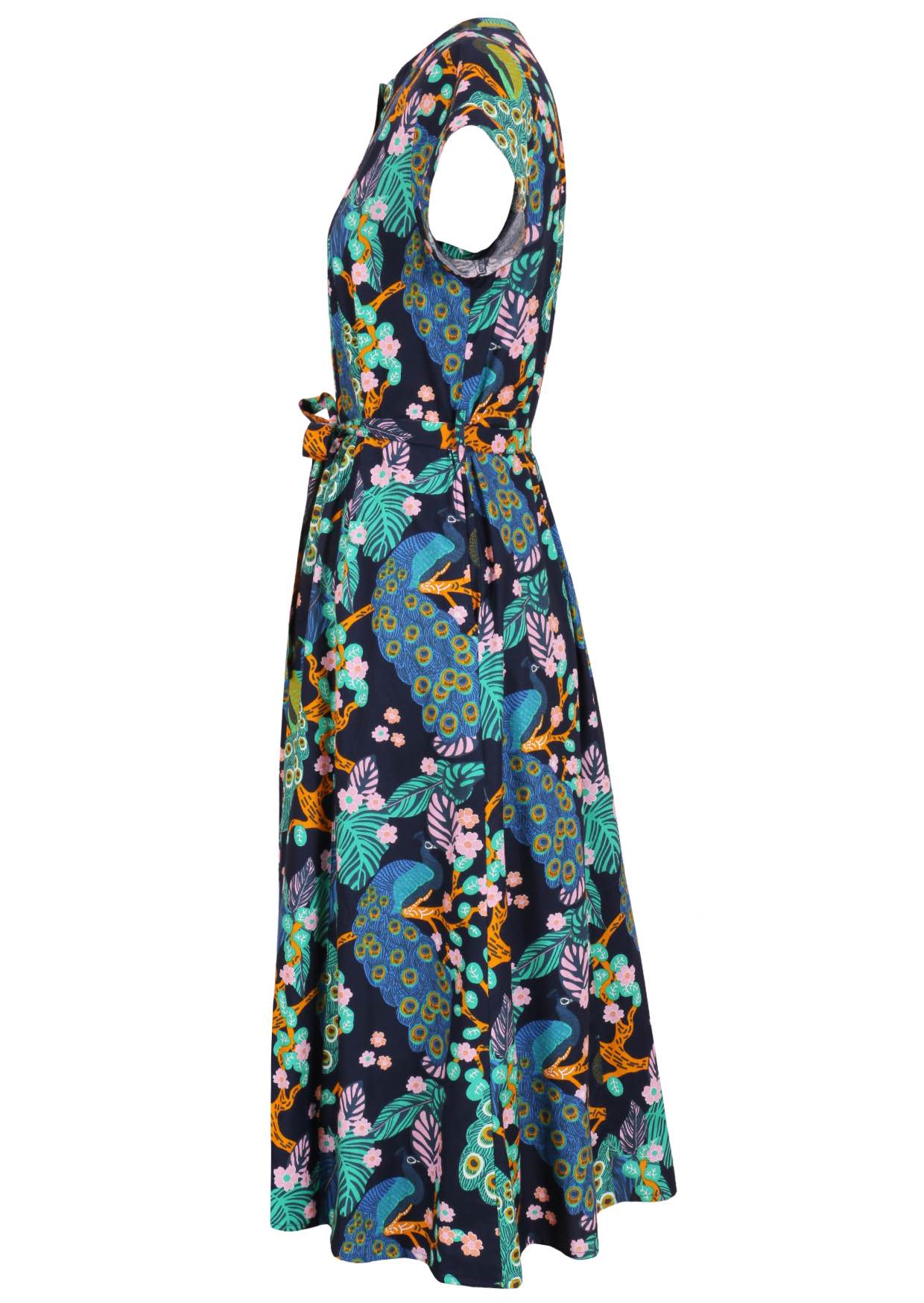 Side view of 50's style cotton button through midi length dress with a waist tie and hidden side pockets