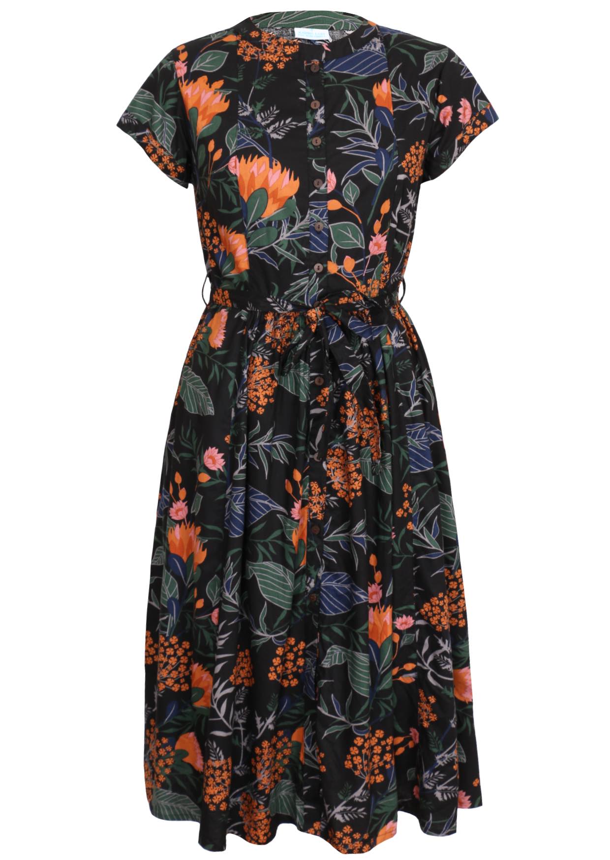 50's style button through black based floral midi length dress