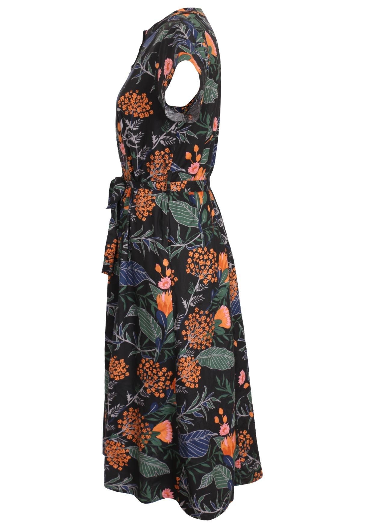 50's style black based floral midi length dress with hidden side pockets and a waist tie