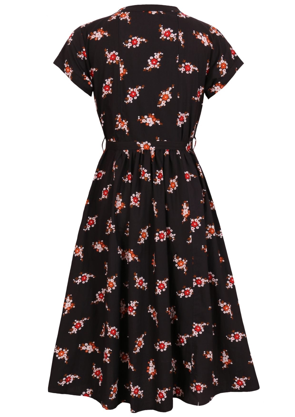 Back view of 50's style cotton midi length dress with a waist tie and cap sleeves