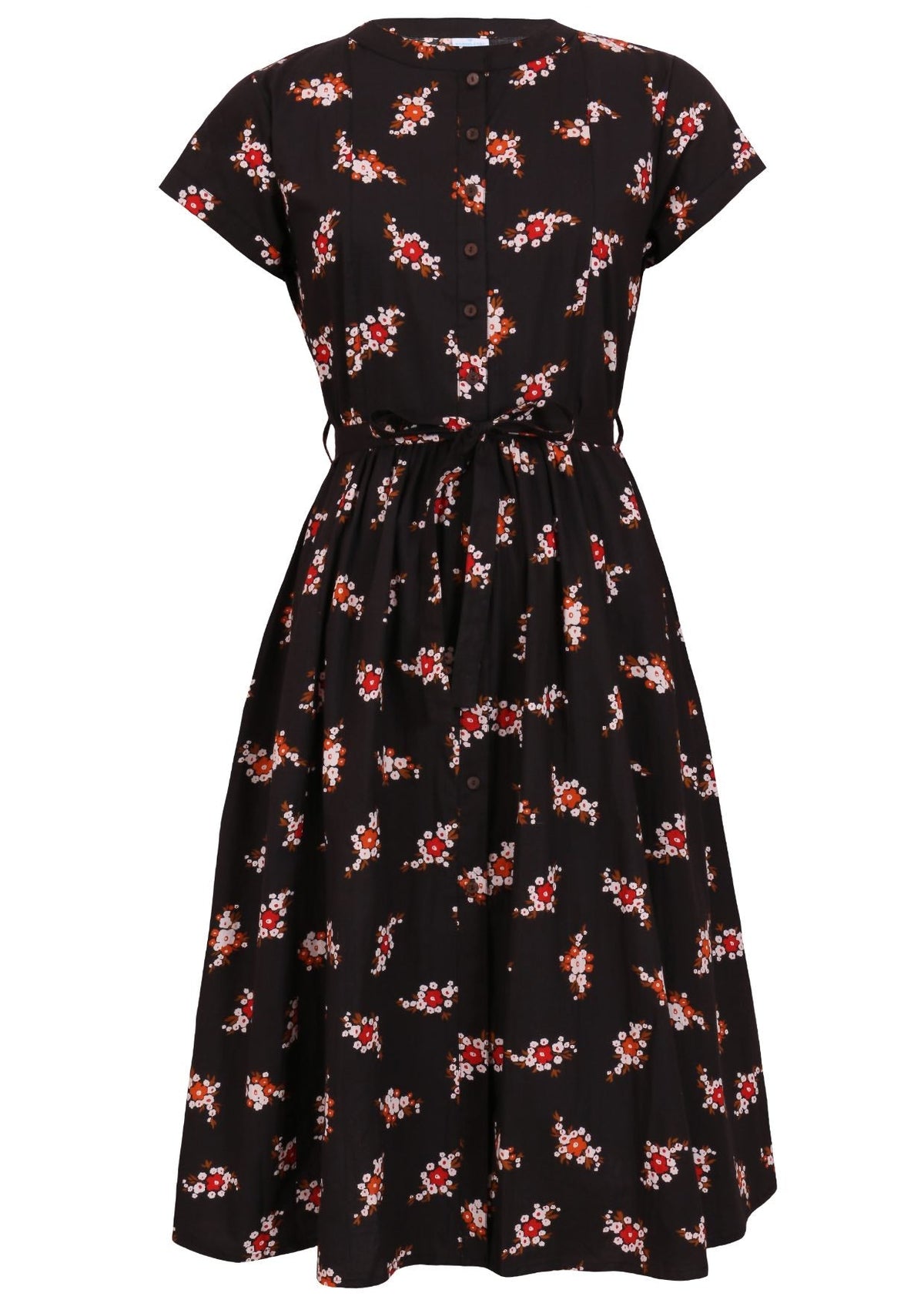 50's style cotton button through midi length dress with a waist tie