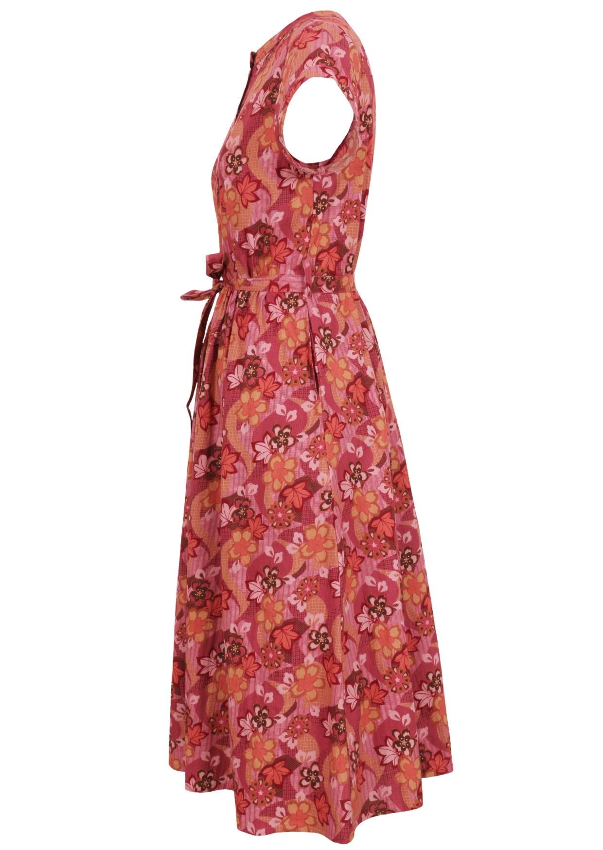 Warm-toned Japanese-style print cotton dress with short sleeves in pink, maroon, brown, peach, and khaki.
