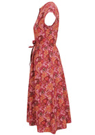 Warm-toned Japanese-style print cotton dress with short sleeves in pink, maroon, brown, peach, and khaki.
