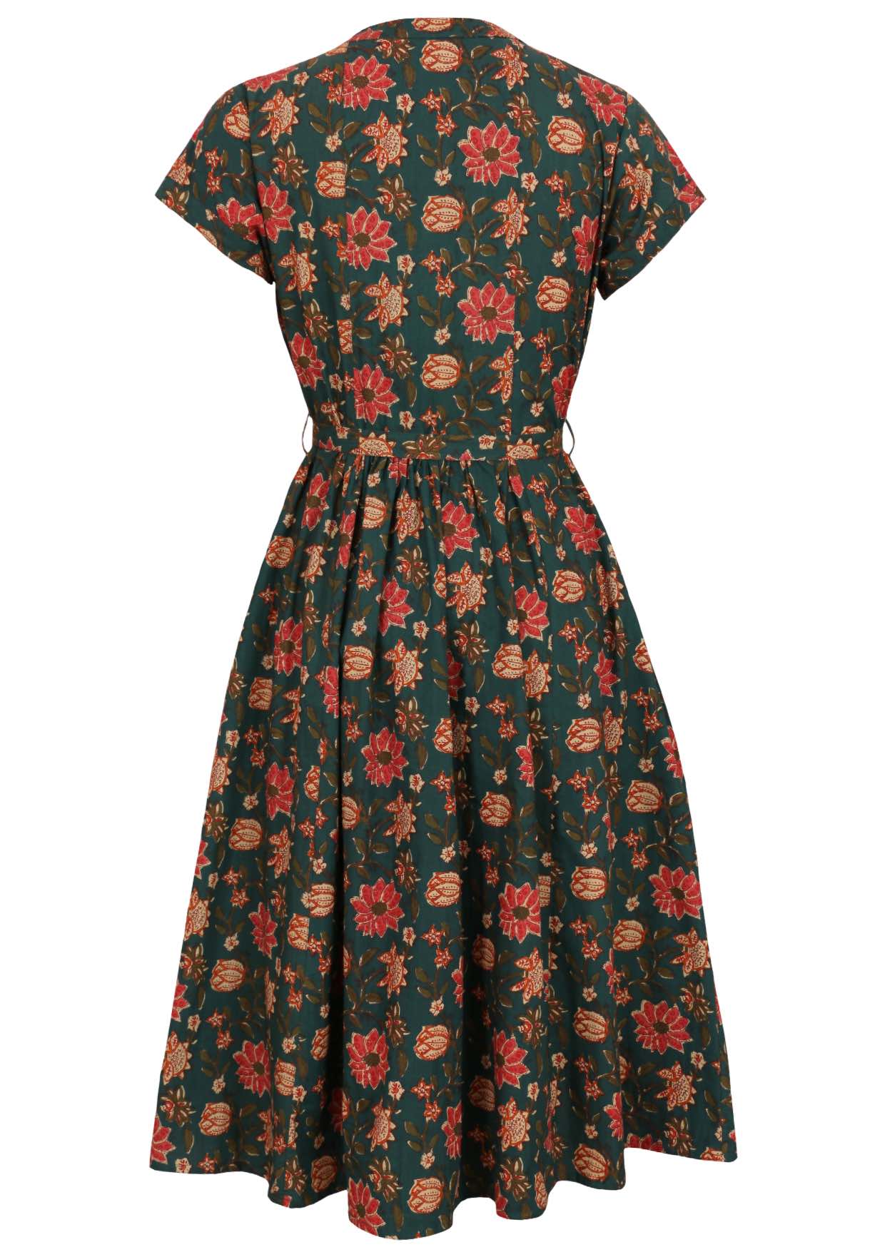 Back image of floral printed green cotton dress with waistband and mandarin collar.