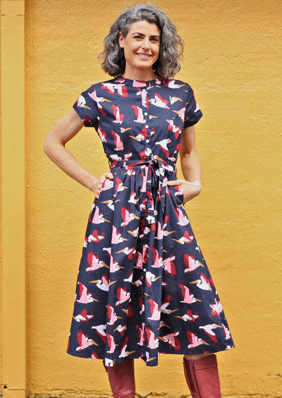 dark blue base pelican print 50's cotton dress