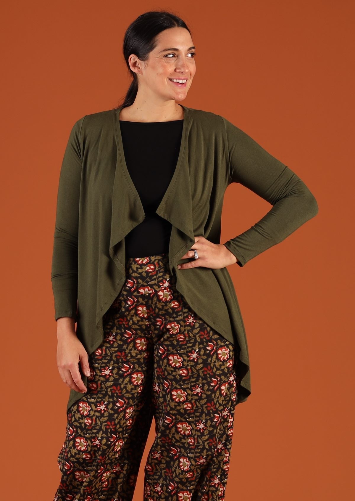 Waterfall Cardi long sleeve handkerchief hem soft stretch rayon olive green | Karma East Australia