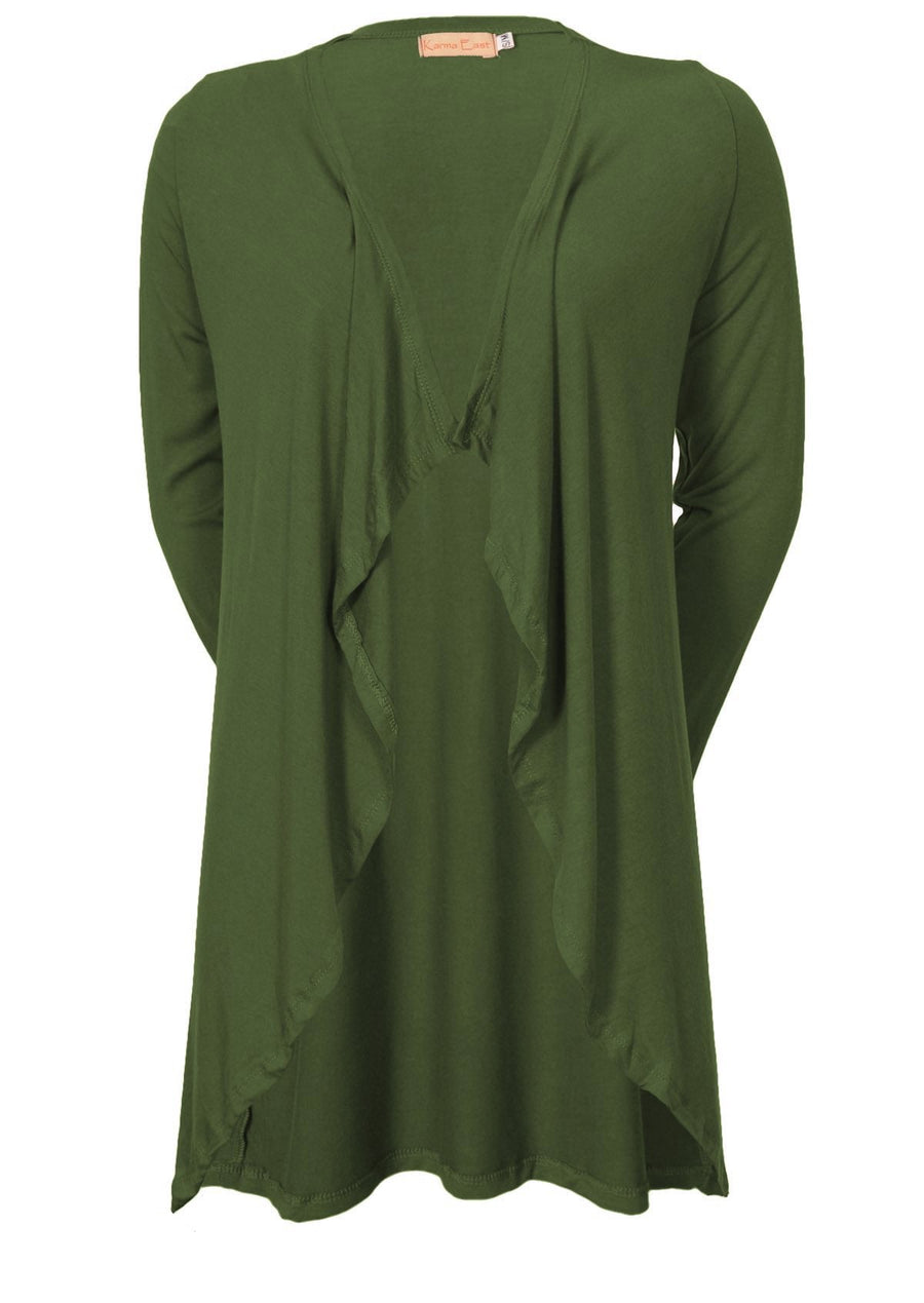 Waterfall Cardi long sleeve handkerchief hem soft stretch rayon olive green | Karma East Australia