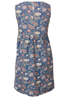 Back view of sleeveless dusty blue floral cotton dress with high round neckline, pockets and button back closure