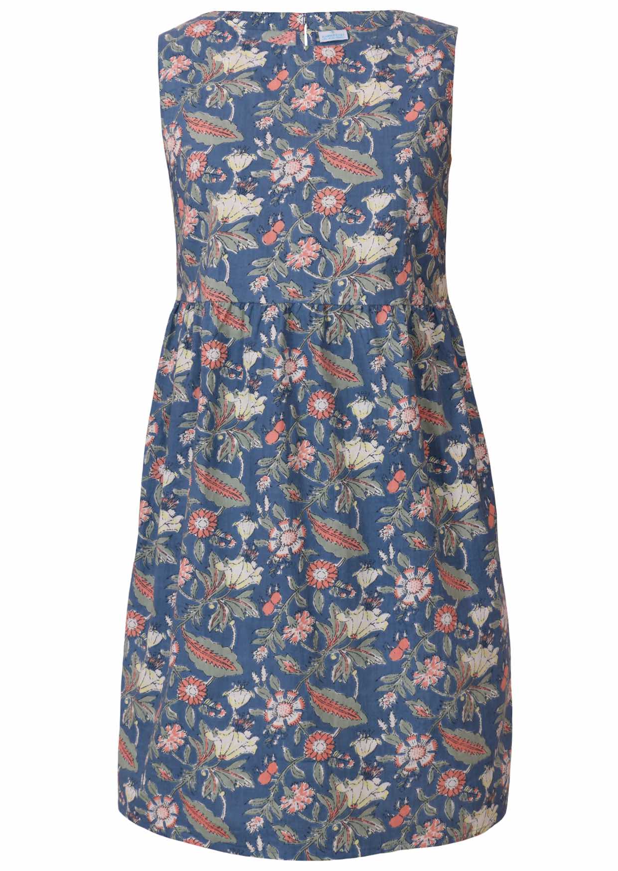 100% cotton above knee length sleeveless dress in dusty blue with high round neckline and small gathers at the waist 