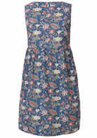 100% cotton above knee length sleeveless dress in dusty blue with high round neckline and small gathers at the waist 