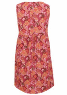 Sleeveless cotton dress with Japanese-style print in pink, maroon, brown, peach, and khaki tones.
