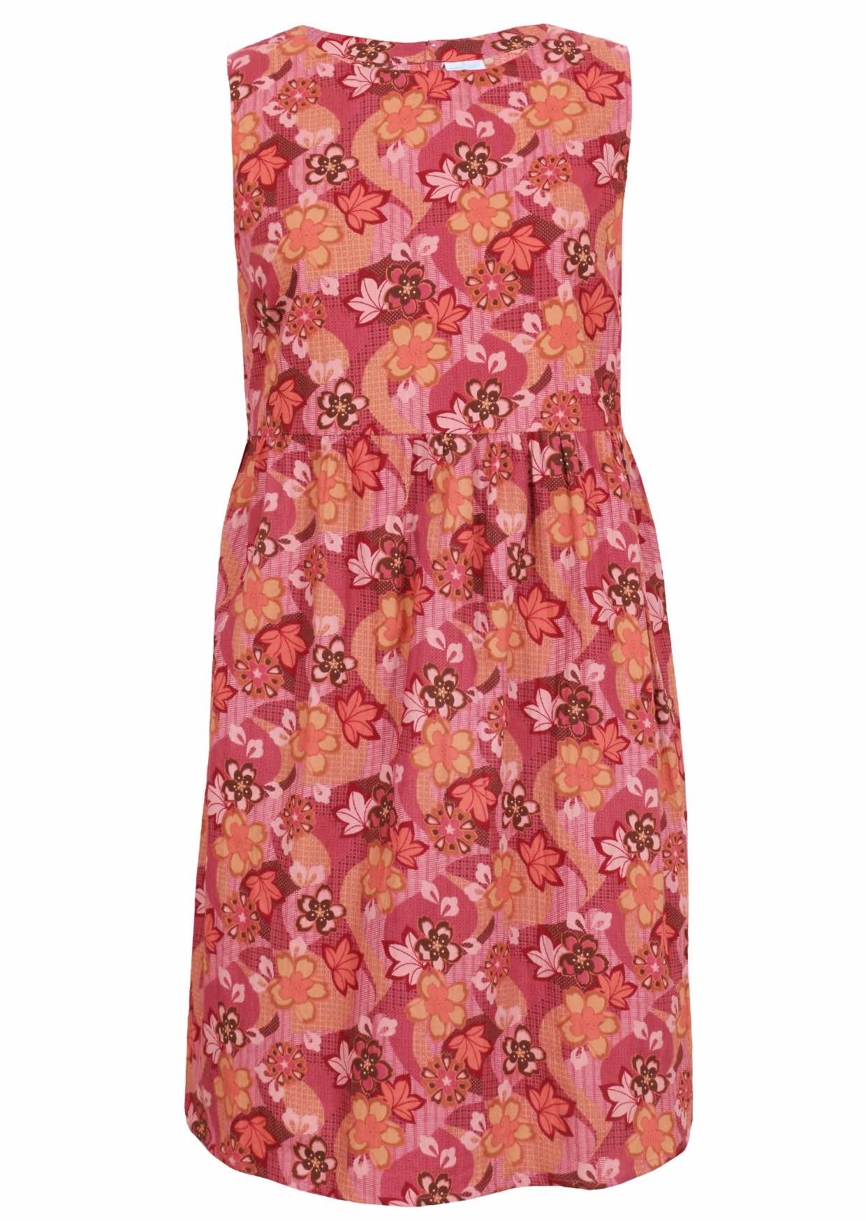 Round neckline cotton dress with Japanese-style print in pink, maroon, brown, peach, and khaki tones.
