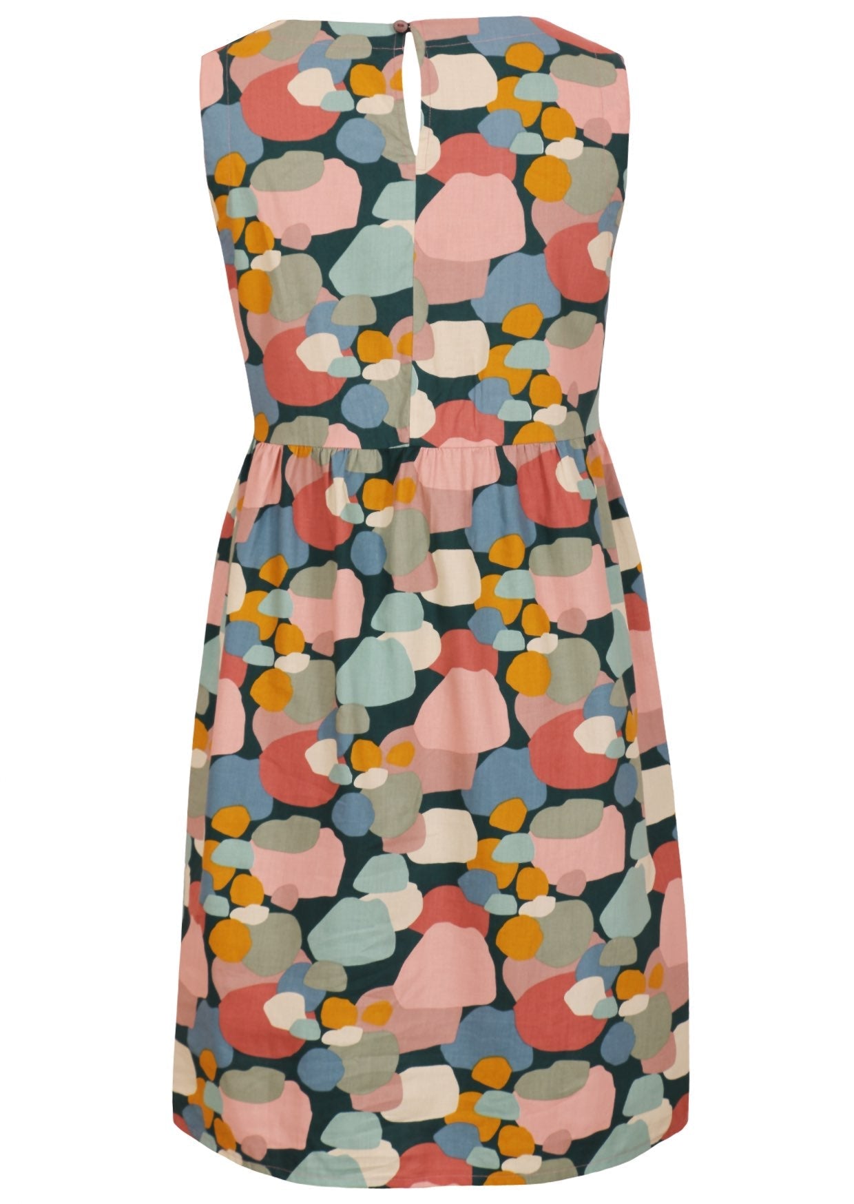 Multi pastel coloured print sleeveless dress with split and button closure at the nape of the neckline