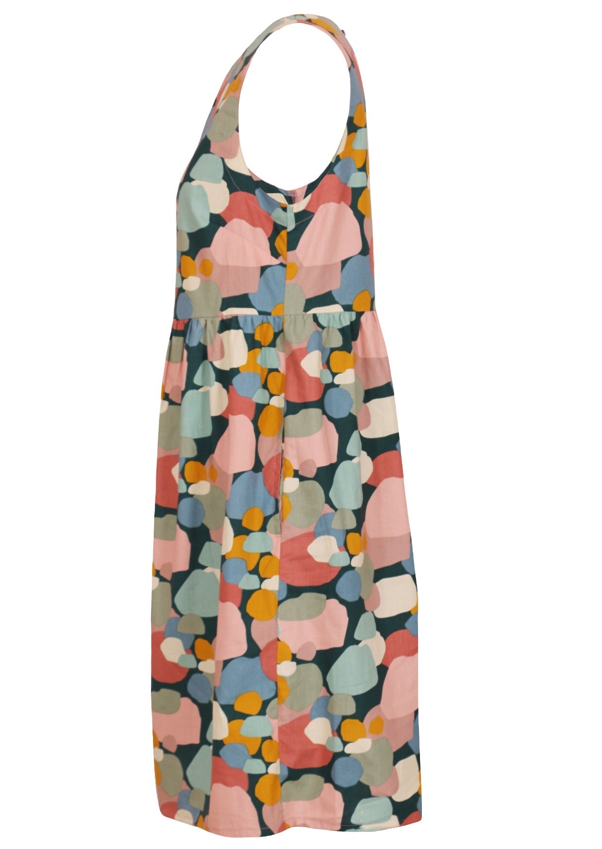 Multi pastel coloured print sleeveless dress with an empire waistline and hidden side pockets
