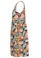 Multi pastel coloured print sleeveless dress with an empire waistline and hidden side pockets