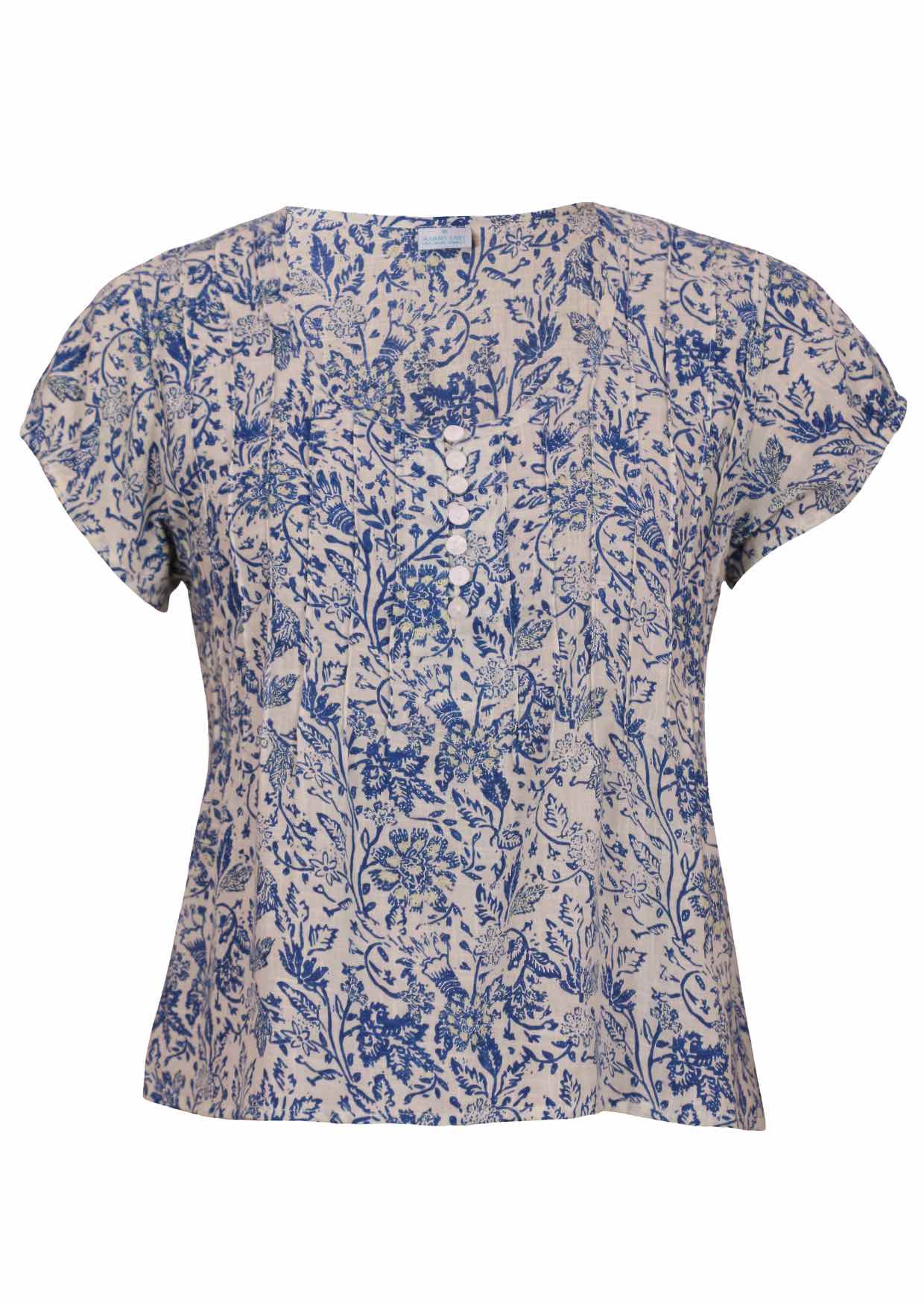 White based blue floral print cotton top with coconut buttons.