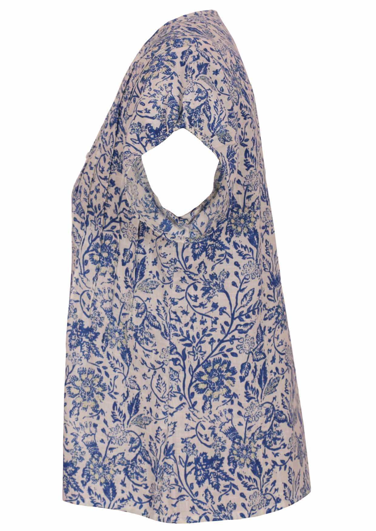 white based blue floral print cotton top with coconut buttons.