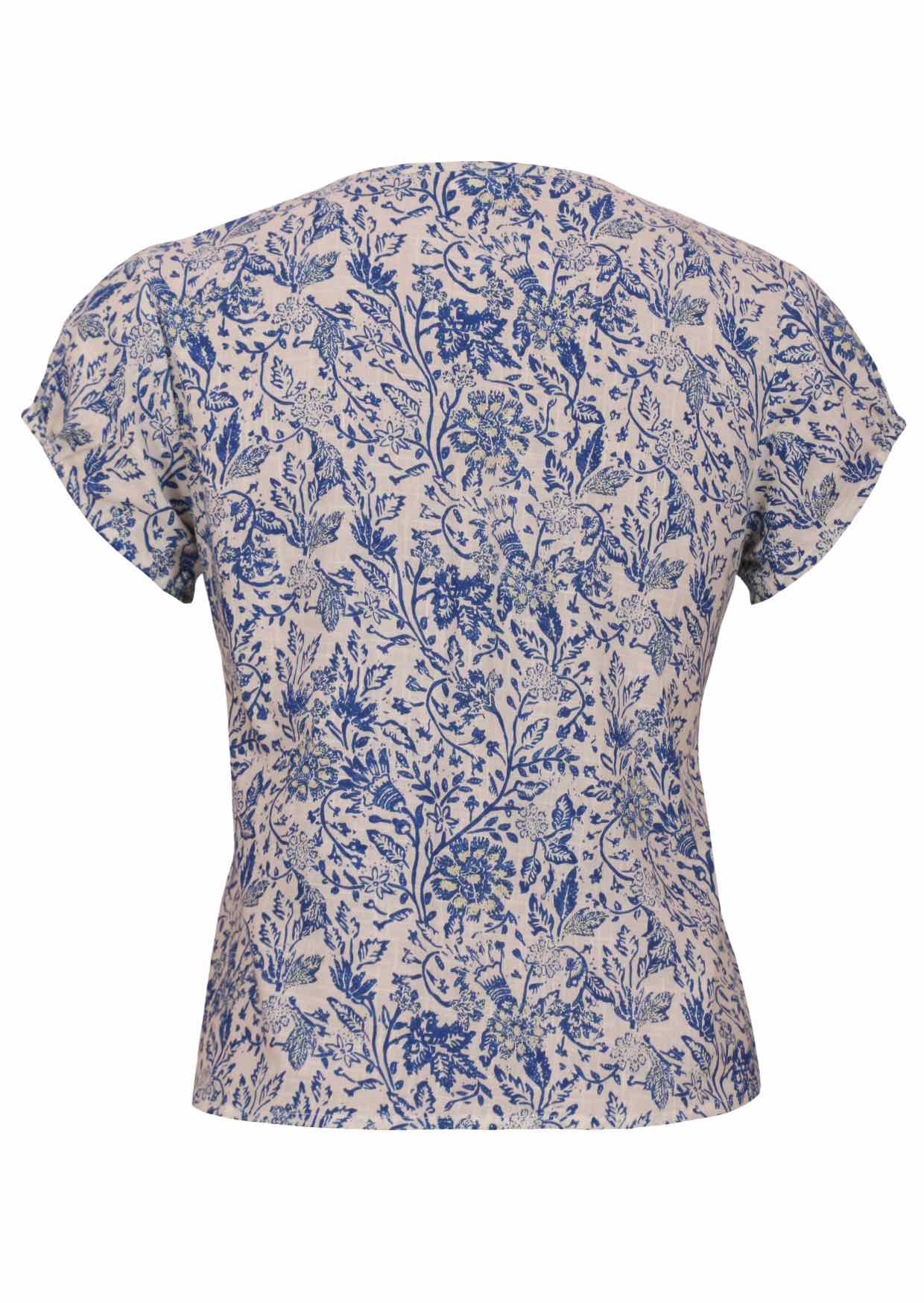 White based blue floral print cotton top on a white background.