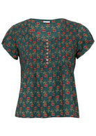 Green based floral print 100% cotton top with coconut buttons.