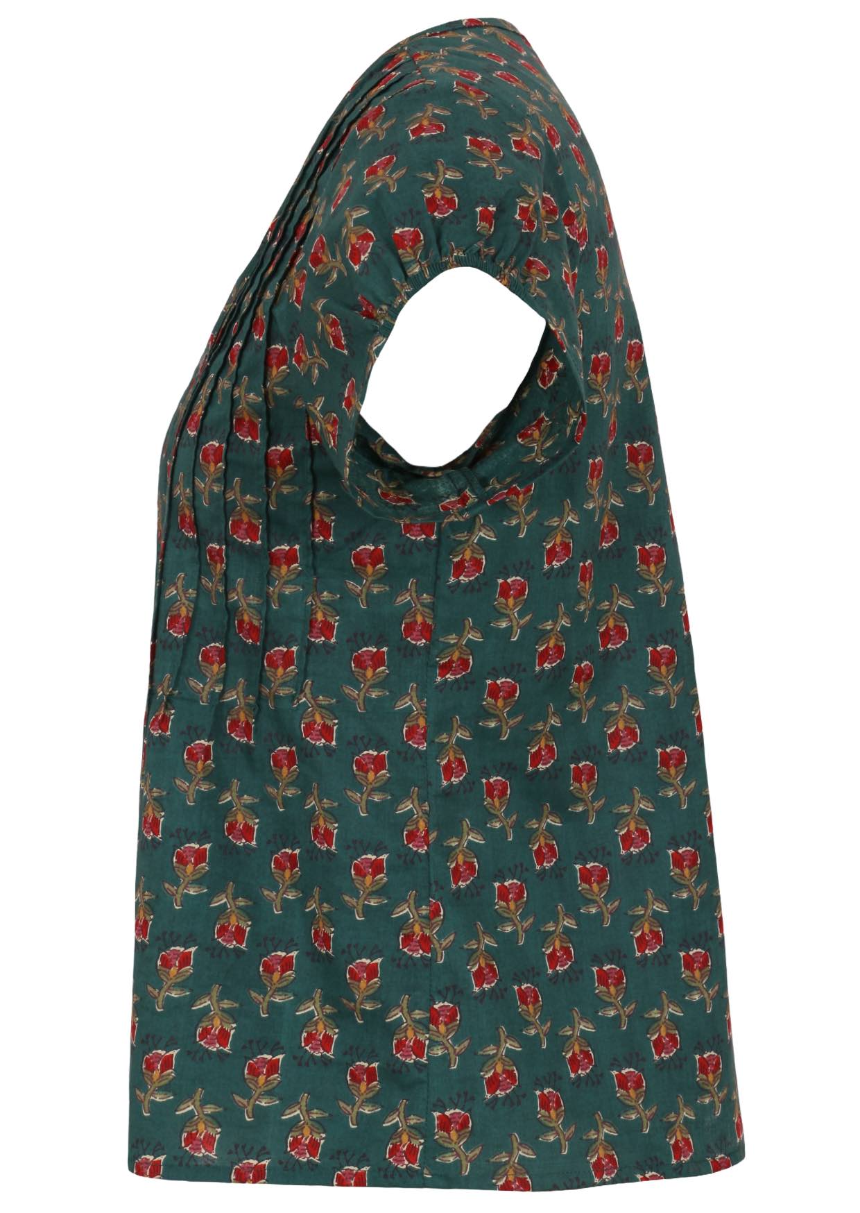 Side view of green based floral print 100% cotton top with cap sleeves