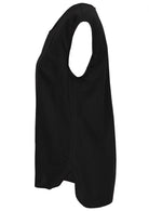Side of cotton black sleeveless top that is longer at the back