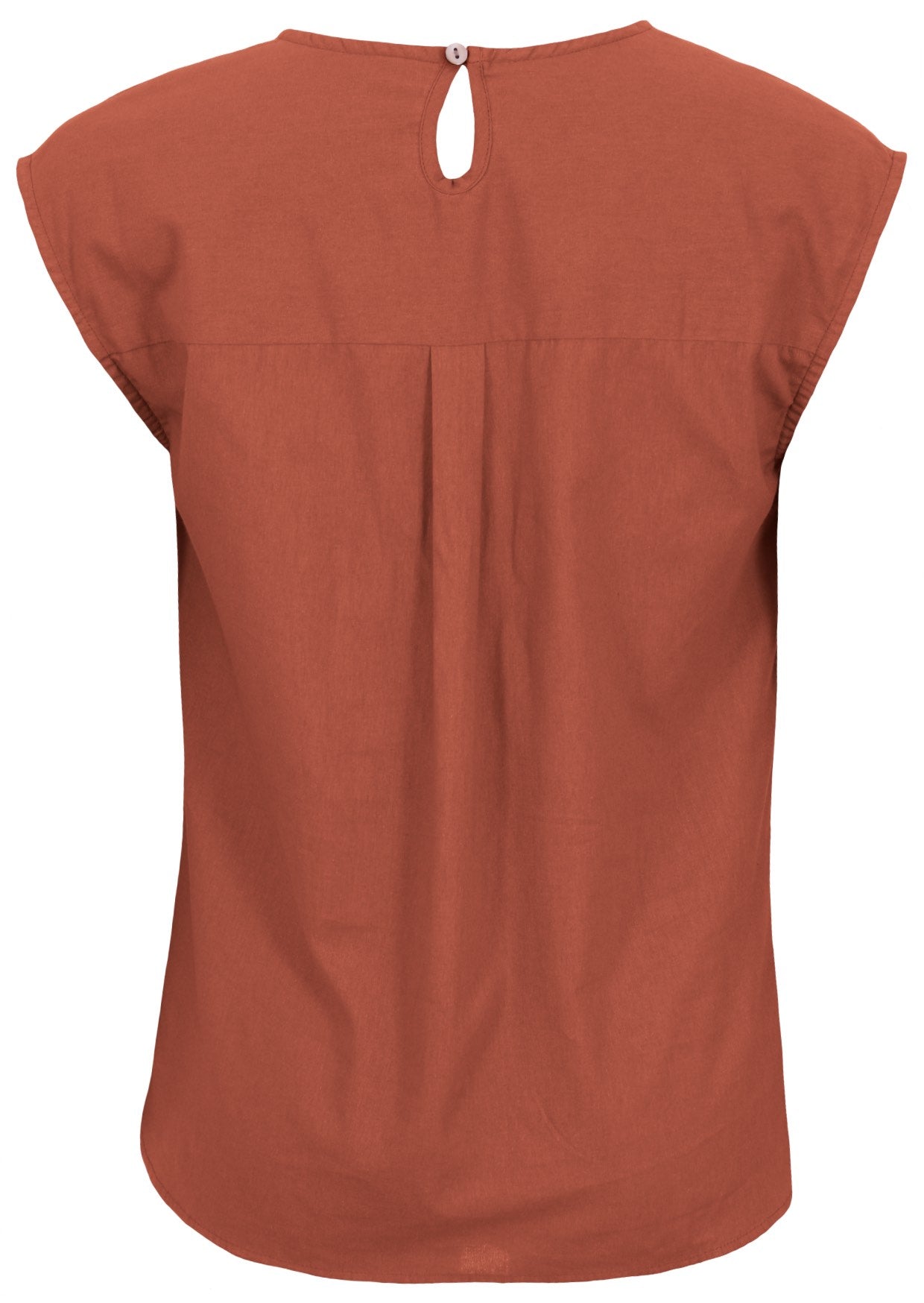 Back view of 100% cotton top in plain orange brushetta colour with subtle keyhole and button closure at the back.