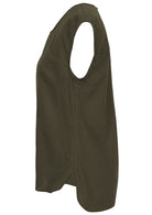 Side view of 100% cotton top in plain green kalamata colour, longer at the back