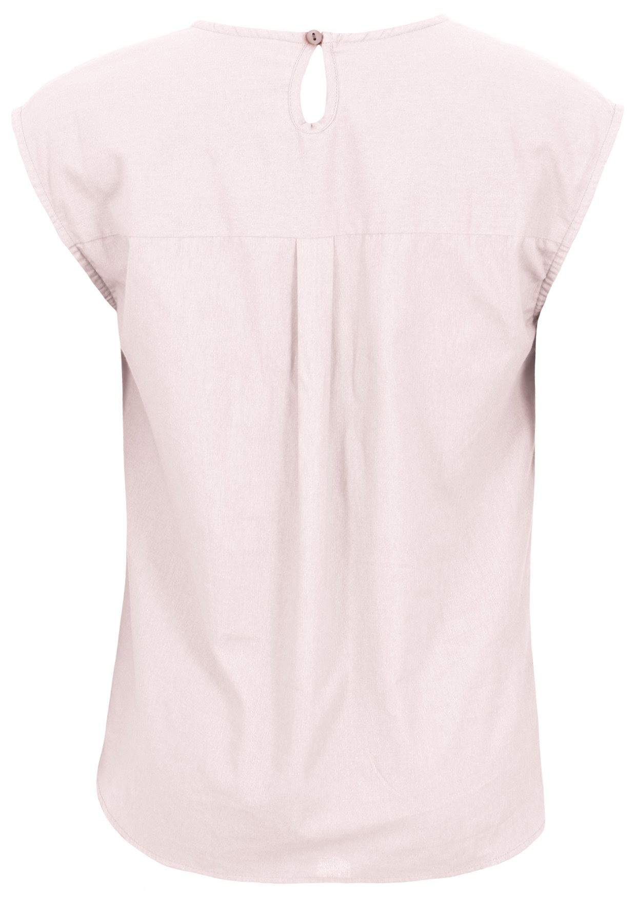 Back view of white cotton sleeveless top with button closure at the nape of neck and central pleat in the back