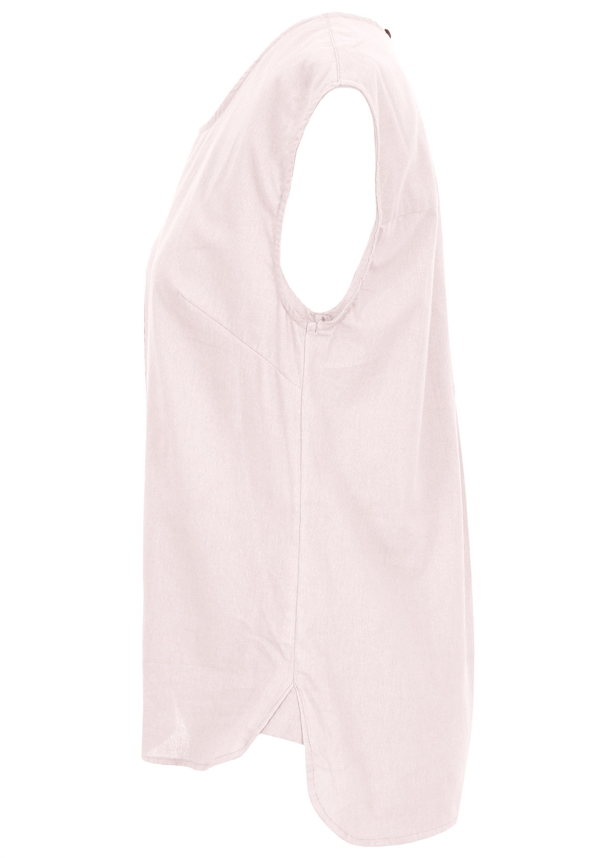 Side view of a natural white cotton sleeveless top that is longer at the back