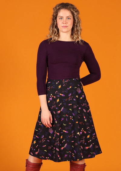 Zarah Skirt Astro cotton generous a-line skirt with pockets in a spaced themed print on black base | Karma East Australia