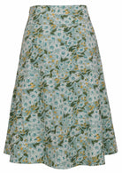 100% cotton sage green printed mid length A-line skirt with a wide waistband, pockets, and side zipper