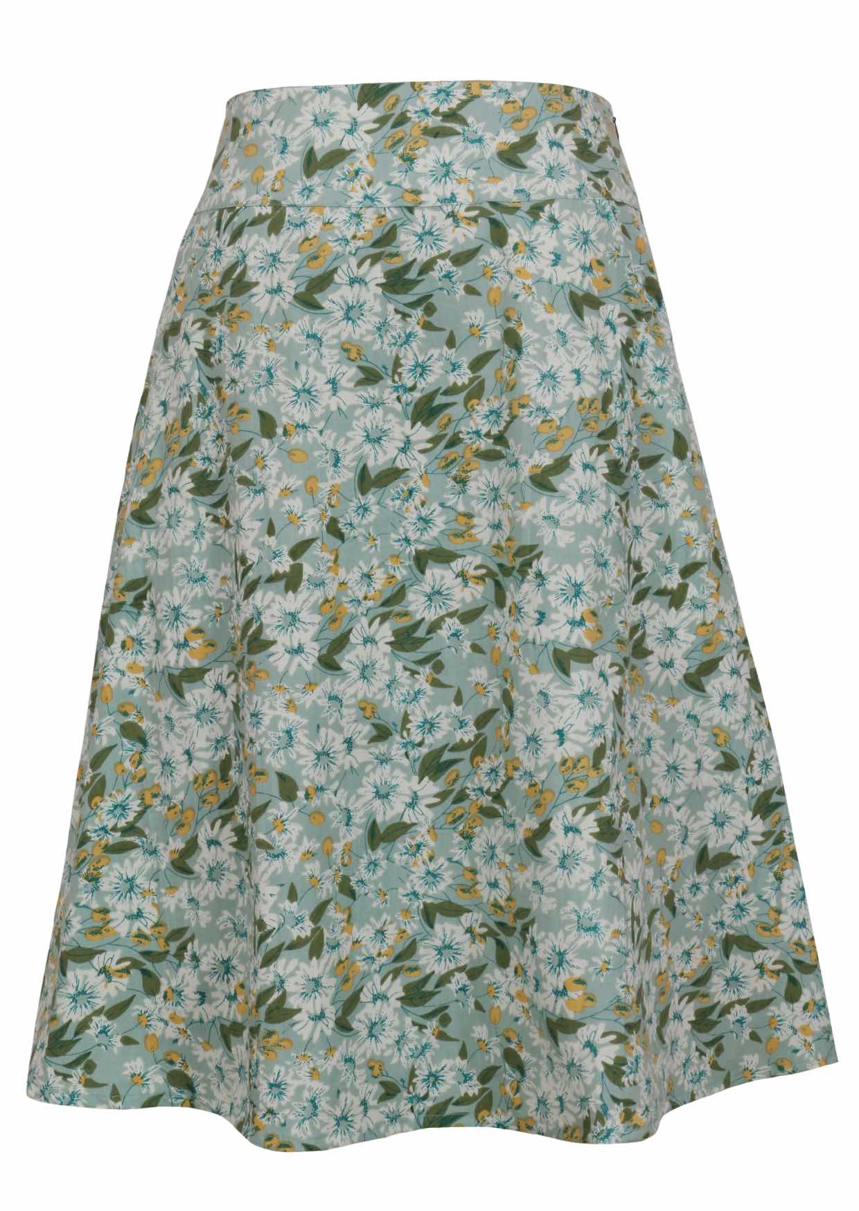 Side view of a sage green based floral print A-line cotton skirt with hidden side zipper